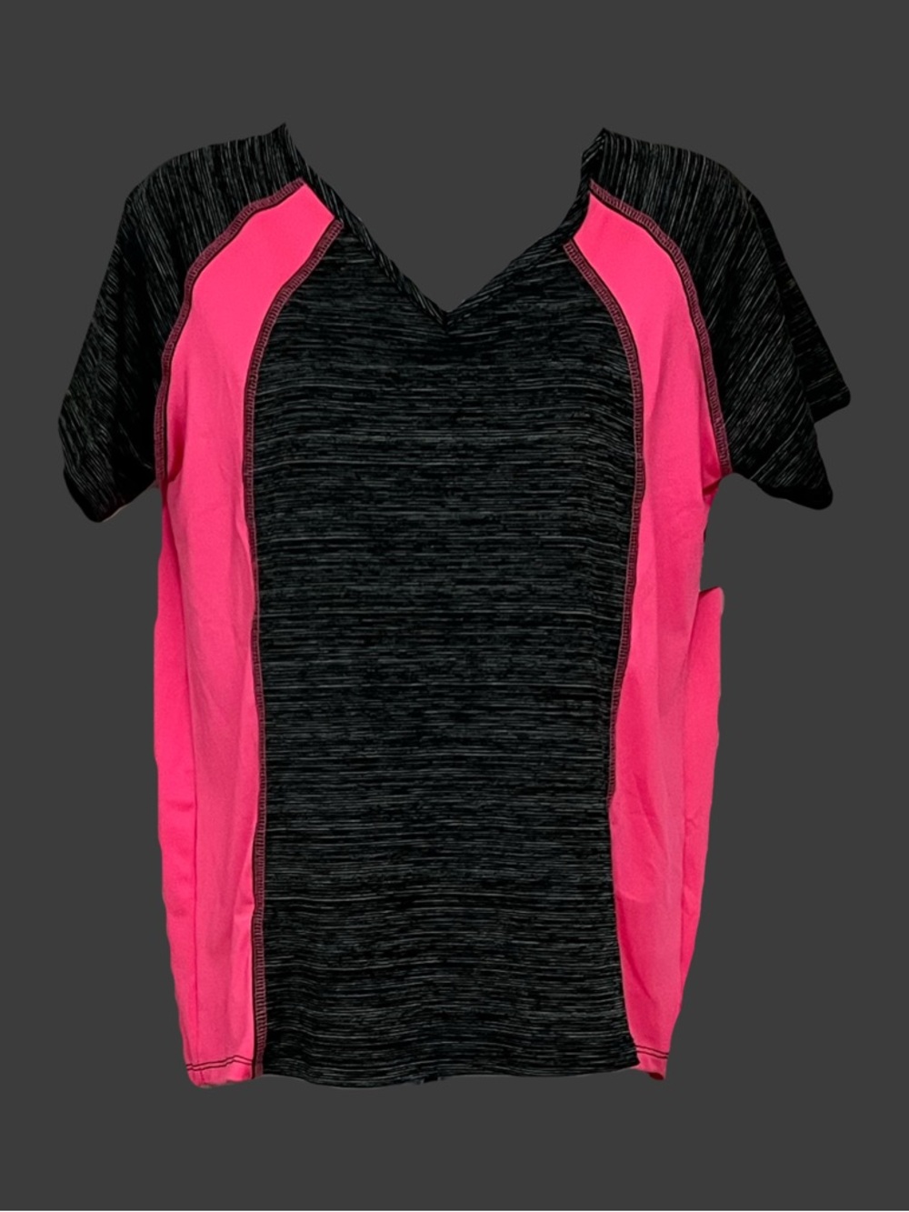 V-Neck Black Heather Tee with Hot Pink Panels